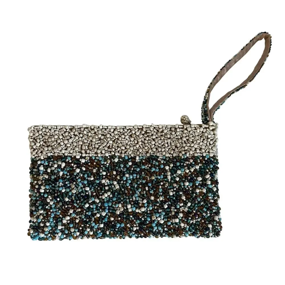 Glass Beaded Mini Wristlet Clutch Y2K Boho Evening Bag Multicolor Blue Cream